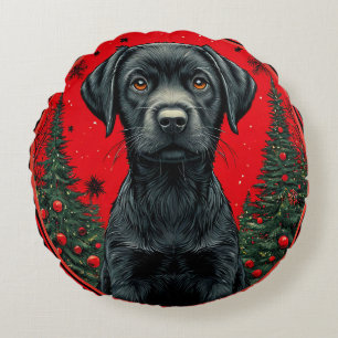 Zwarte Labrador Retriever met Kerstbomen Rond Kussen