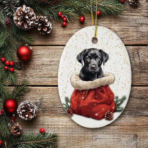Zwarte Labrador Retriever Puppy Kerstcadeautas Keramisch Ornament