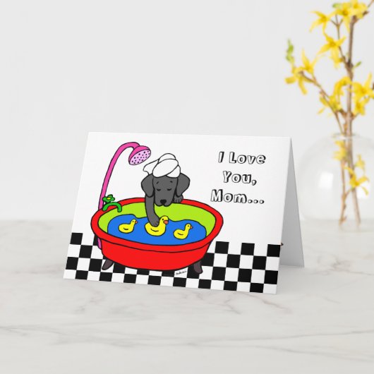 Zwarte Labrador & Rubber Ducks Cartoon Kaart (Gele Bloem)