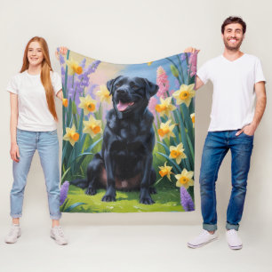 Zwarte Labradorshond Lente Bloemen Schilderij Fleece Deken