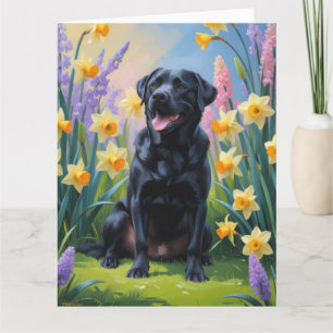 Zwarte Labradorshond Lente Bloemen Schilderij Kaart