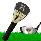 Zwarte lederen textuur Golfer monogram, goud Golfheadcover