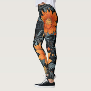 Zwarte leggings met levendige oranje bloemen