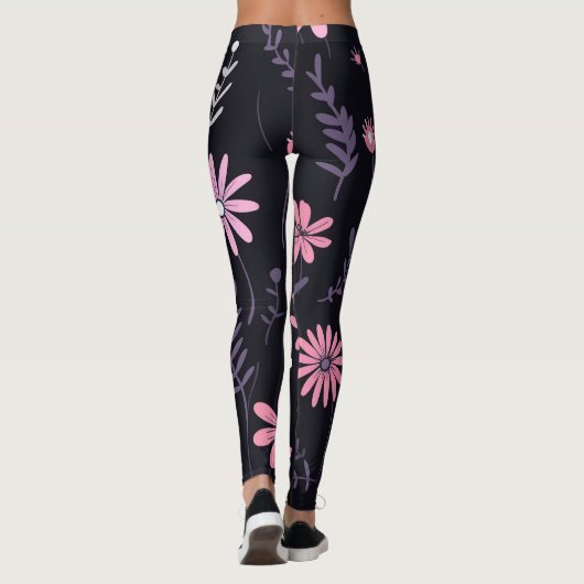 Zwarte Leggings voor dames met roze bloemenprint - (Achterkant)