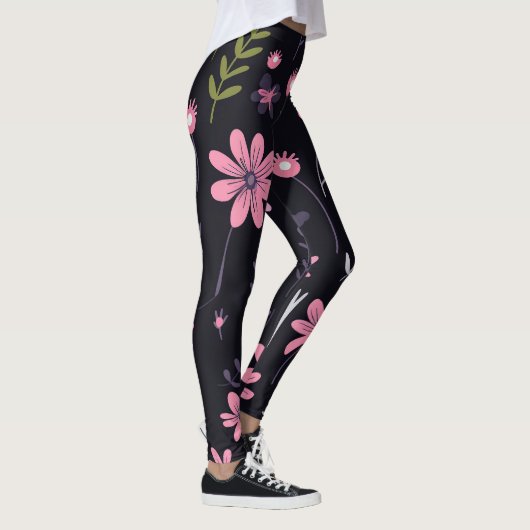 Zwarte Leggings voor dames met roze bloemenprint - (Rechts)