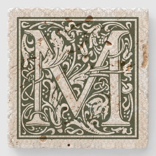 Zwarte letter M  bloemmonogram Stenen Onderzetter (Voorkant)