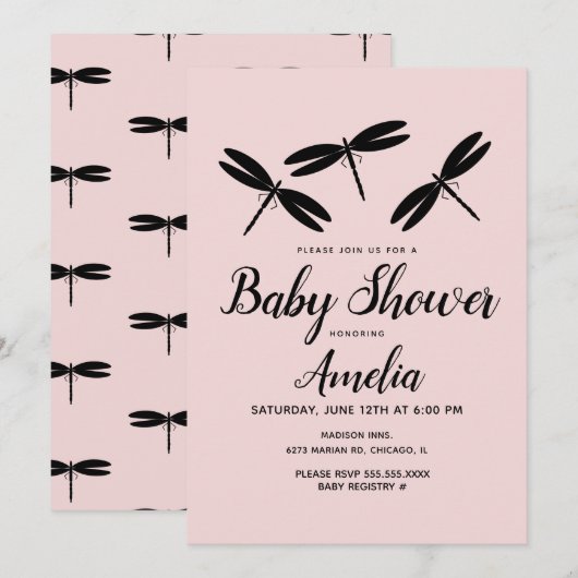 Zwarte libellen Roze Baby shower Uitnodiging (Voorkant / Achterkant)