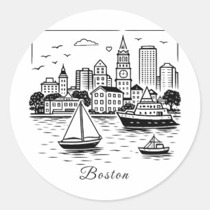 Zwarte lijn Boston illustratie Ronde Sticker