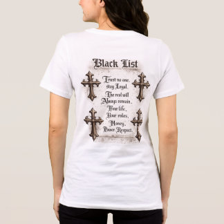 Zwarte Lijst T-shirt met bedrukking op de achterka