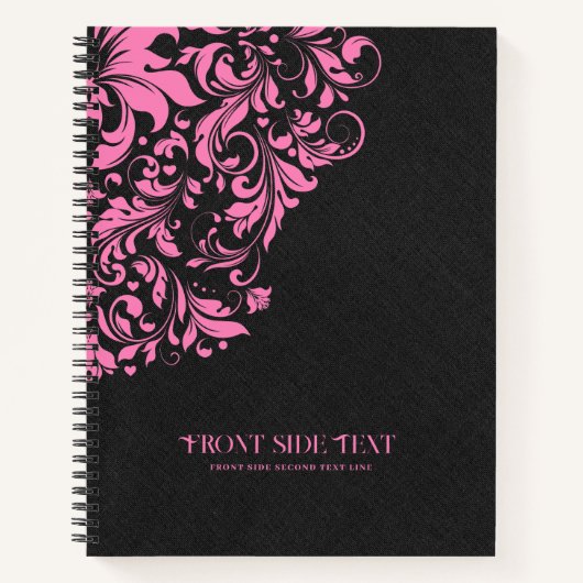 Zwarte linnen textuur met roze Floral kant Notitieboek (Voorkant)