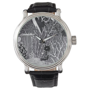 Zwarte luipaard in het oerwoud - potloodtekening horloge