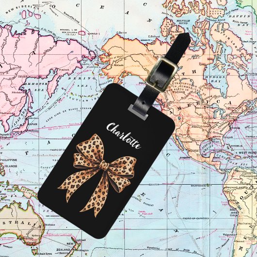 Zwarte luipaard print boog naam script bagagelabel