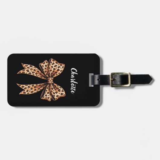 Zwarte luipaard print boog naam script bagagelabel (Voorkant horizontaal)