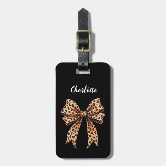 Zwarte luipaard print boog naam script bagagelabel (Voorkant verticaal)