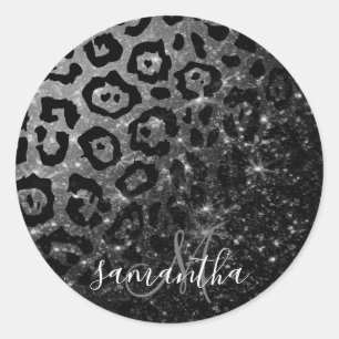 Zwarte luipaard print en glitter ronde sticker