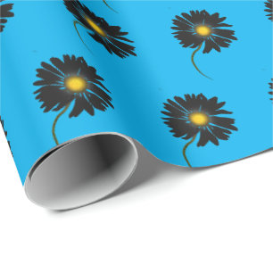 zwarte madeliefjes op aqua blauw cadeaupapier