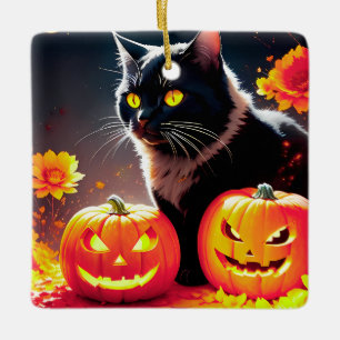 Zwarte Magie Kat met Pompoenen Keramisch Ornament