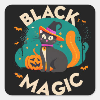 Zwarte magische schattige hekskat, Halloween thema Vierkante Sticker