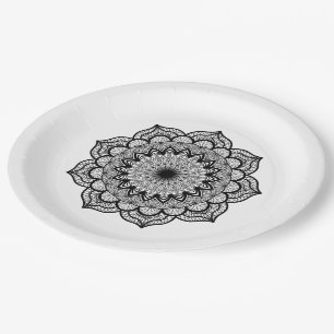 Zwarte Mandala op Witte Achtergrond Papieren Bordje