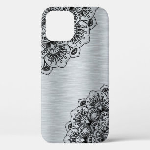 Zwarte mandala op zilver geborsteld aluminium iPhone 12 pro hoesje