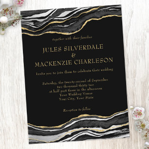 Zwarte marmer Agate Gold Glitter Elegant Wedding Briefkaart