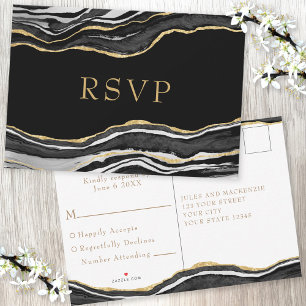 Zwarte marmer Agate Gold Glitter Wedding RSVP