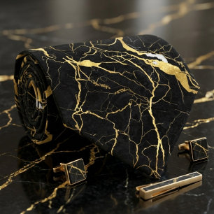 Zwarte Marmer en Gouden Aders Elegant Patroon Stropdas