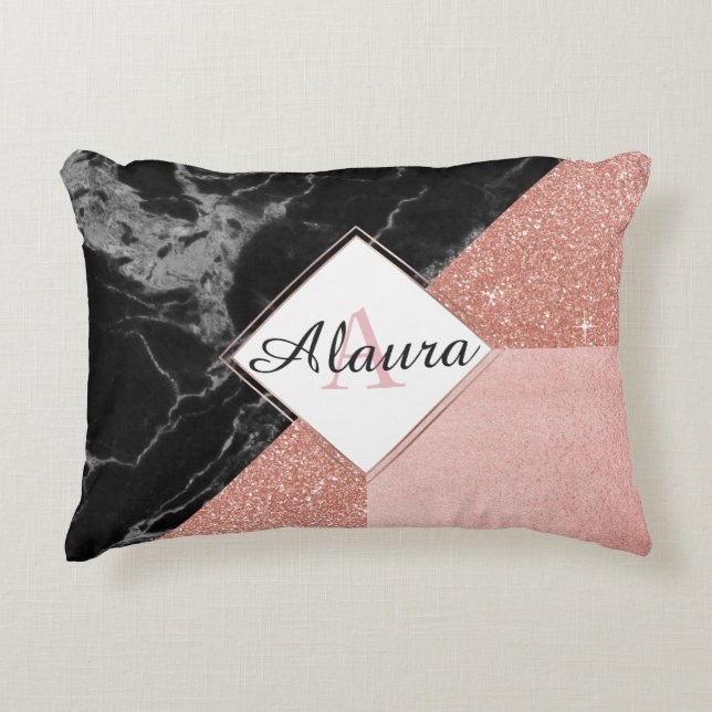 Zwarte marmer en Roos Gold Accent Pillow Kussen (Voorkant)