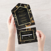 Zwarte marmer Faux Gold Foil Weddenschap All In One Uitnodiging (Afscheurbaar)
