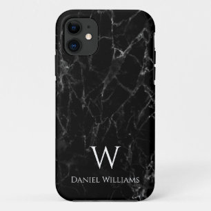 Zwarte marmer Monogram Witte Naam Modern Elegant iPhone 11 Hoesje