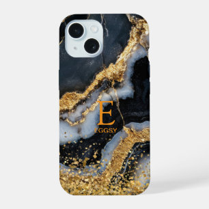 Zwarte marmeren chique gouden glitters monogram iPhone 15 hoesje