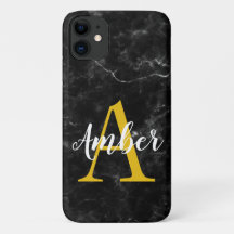 Zwarte marmeren iPhone/Samsung-hoes met initiële l