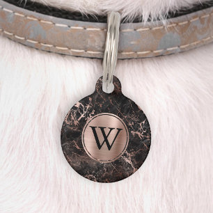 Zwarte Marmeren Nep Rose Gouden Folie Monogram Huisdierpenning