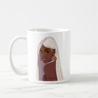 Zwarte meid met wit haar en roze grapefruit oorbel koffiemok