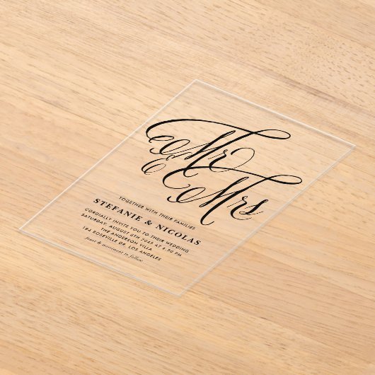 Zwarte meneer en mevrouw Rustic Calligraphy Trouwe Acryl Uitnodigingen (Laagn)