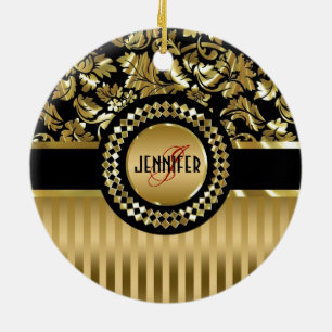 Zwarte & metalen gouden ventilatoren en stripes keramisch ornament