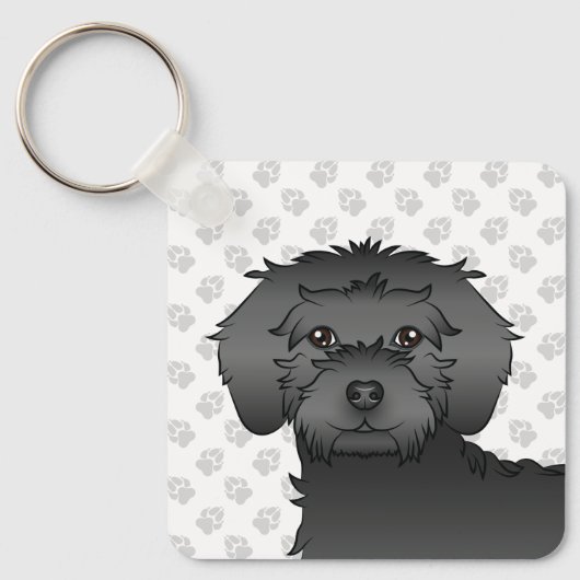 Zwarte Mini Goldendoodle Cartoon Hond & Naam Sleutelhanger (Voorkant)
