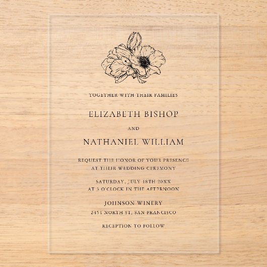 Zwarte minimalistische Anemone Line Art Wedding Acryl Uitnodigingen (Voorkant)