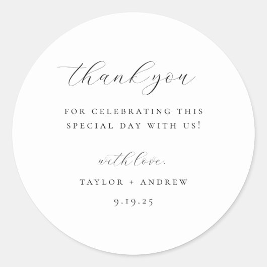 Zwarte minimalistische bruiloft bedankt ronde sticker (Voorkant)