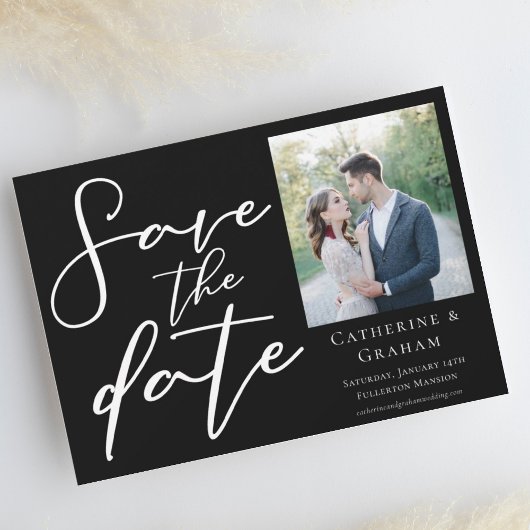 Zwarte Minimalistische Moderne Foto Witte Script Save The Date