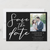 Zwarte Minimalistische Moderne Foto Witte Script Save The Date (Voorkant)