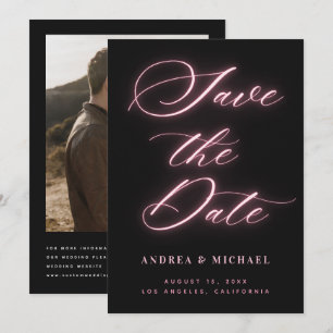 Zwarte Minimalistische Roze Neon Foto & QR Code Tr Save The Date