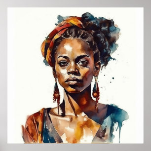 Zwarte Model Boho Hoge Mode Vrouw Aquarel Poster
