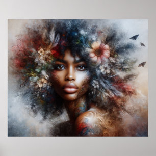Zwarte model hoog mode vrouw mooie bloemen poster