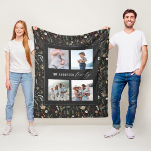 Zwarte moderne 4 foto-waterverf botanische florale fleece deken