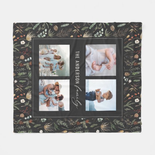 Zwarte moderne 4 foto-waterverf botanische florale fleece deken (Voorkant (Horizontaal))