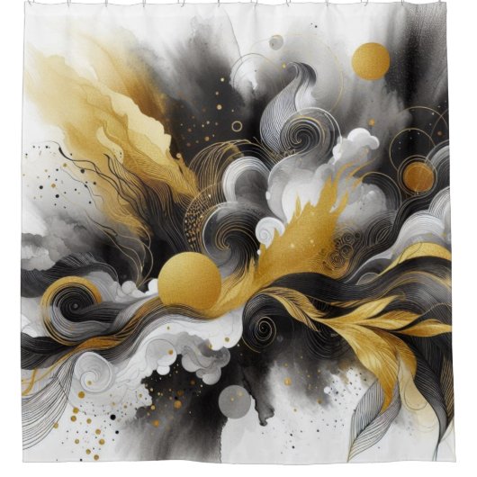Zwarte moderne abstracte douchegordijn met goud (Voorkant)