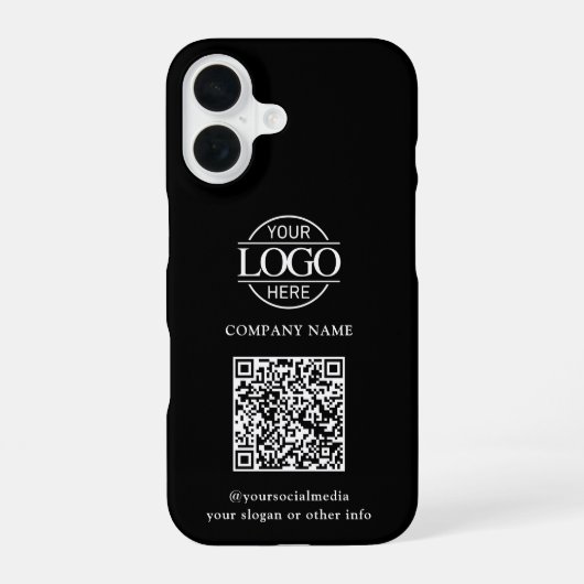 Zwarte moderne bedrijfslogo & QR-code promotioneel iPhone 16 Hoesje (Achterkant)