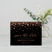 Zwarte moderne confetti roze gouden save the date folie uitnodiging briefkaart (Staand Voorkant)