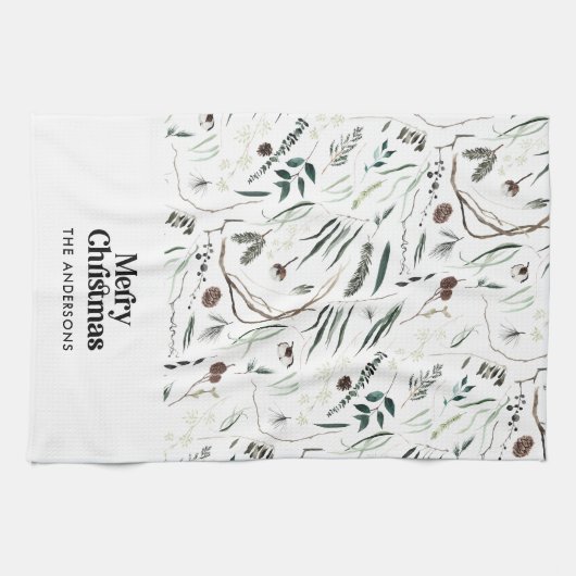 Zwarte moderne elegante waterverf botanische rusti theedoek (Horizontaal)